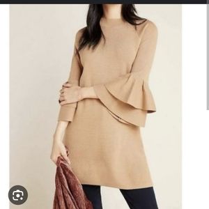 ANTHROPOLOGIE claudette ruffle tan metallic dress